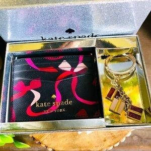 Kate Spade New York Gift Set Card Holder & Present Key Fob Pink Ribbon Print NWT